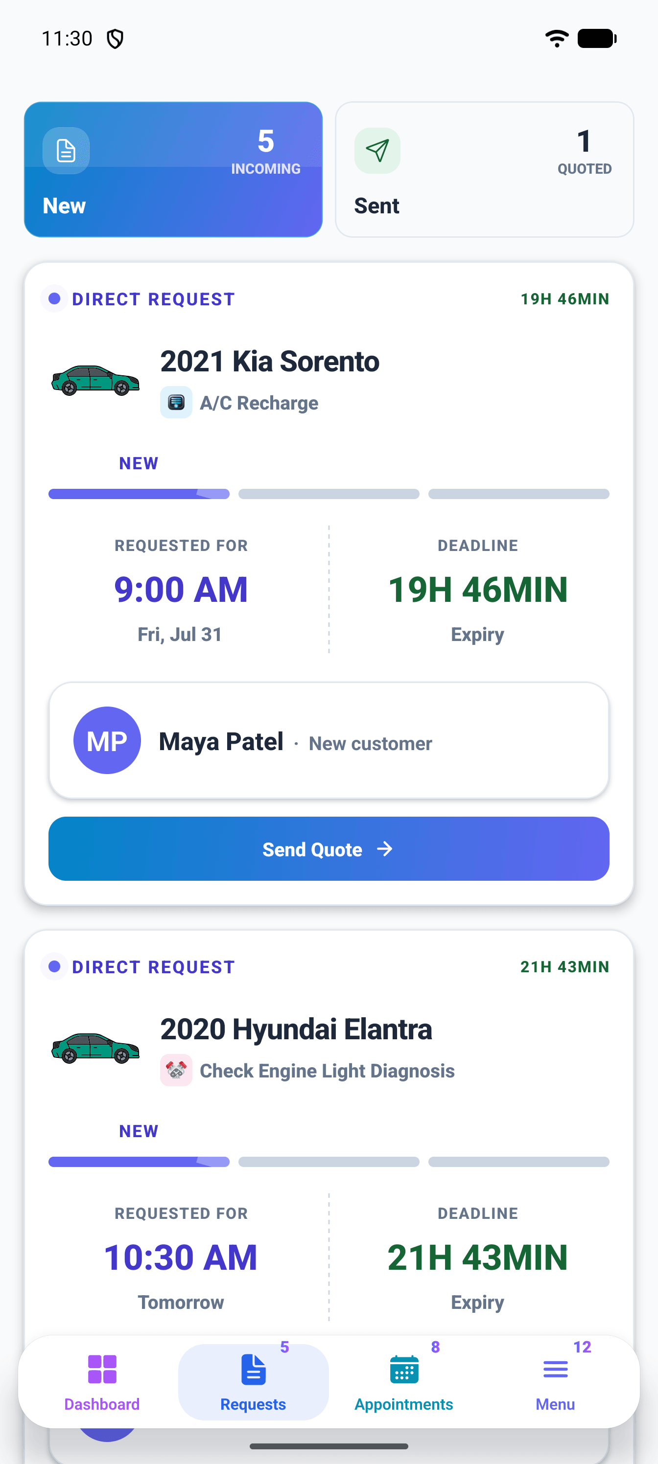 Rêza daxwazan a CarFix Manager bi karên nû û demên dawî yên pêşniyaran.