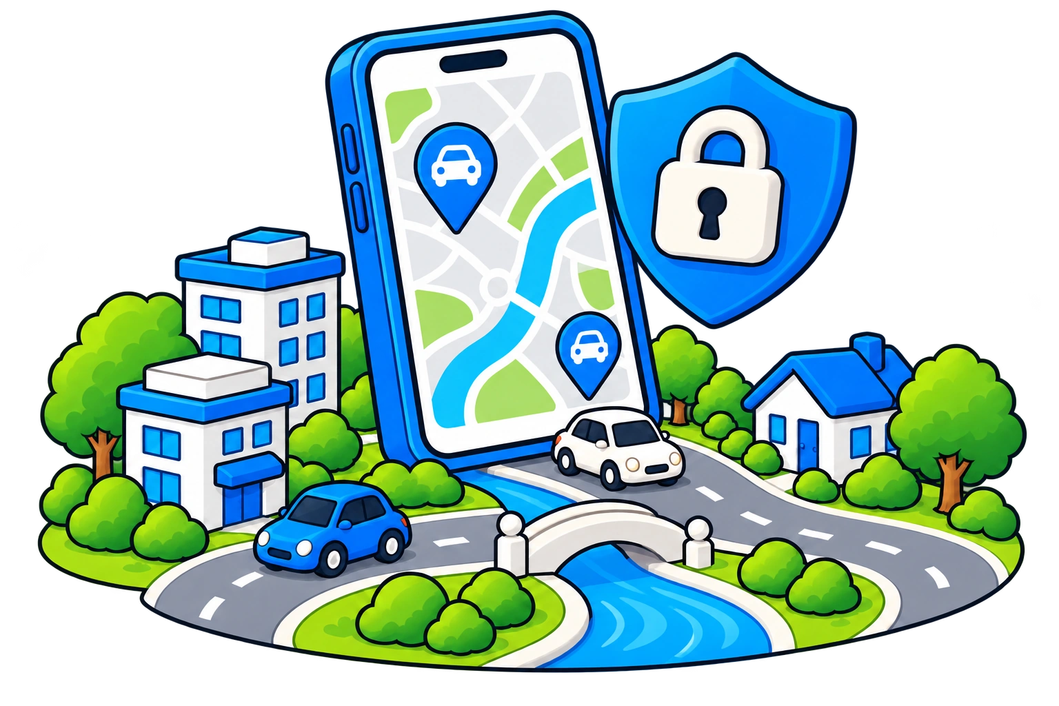 Illustration of a phone showing vehicle locations on a neighborhood map, with cars and a blue shield with a closed padlock
