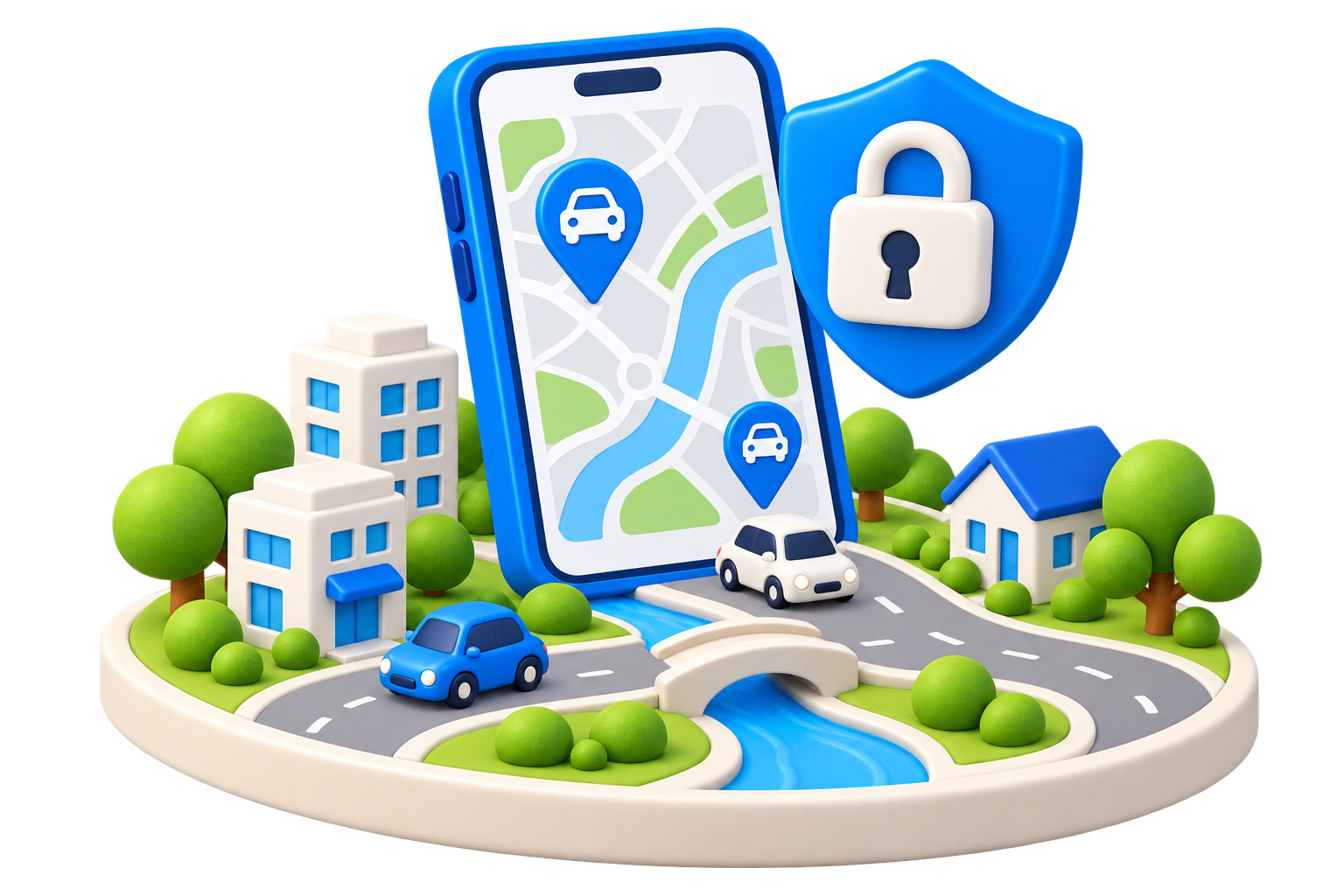 Cartoon 3D phone showing vehicle locations above a toy neighborhood with roads, cars, and a blue shield with a closed padlock