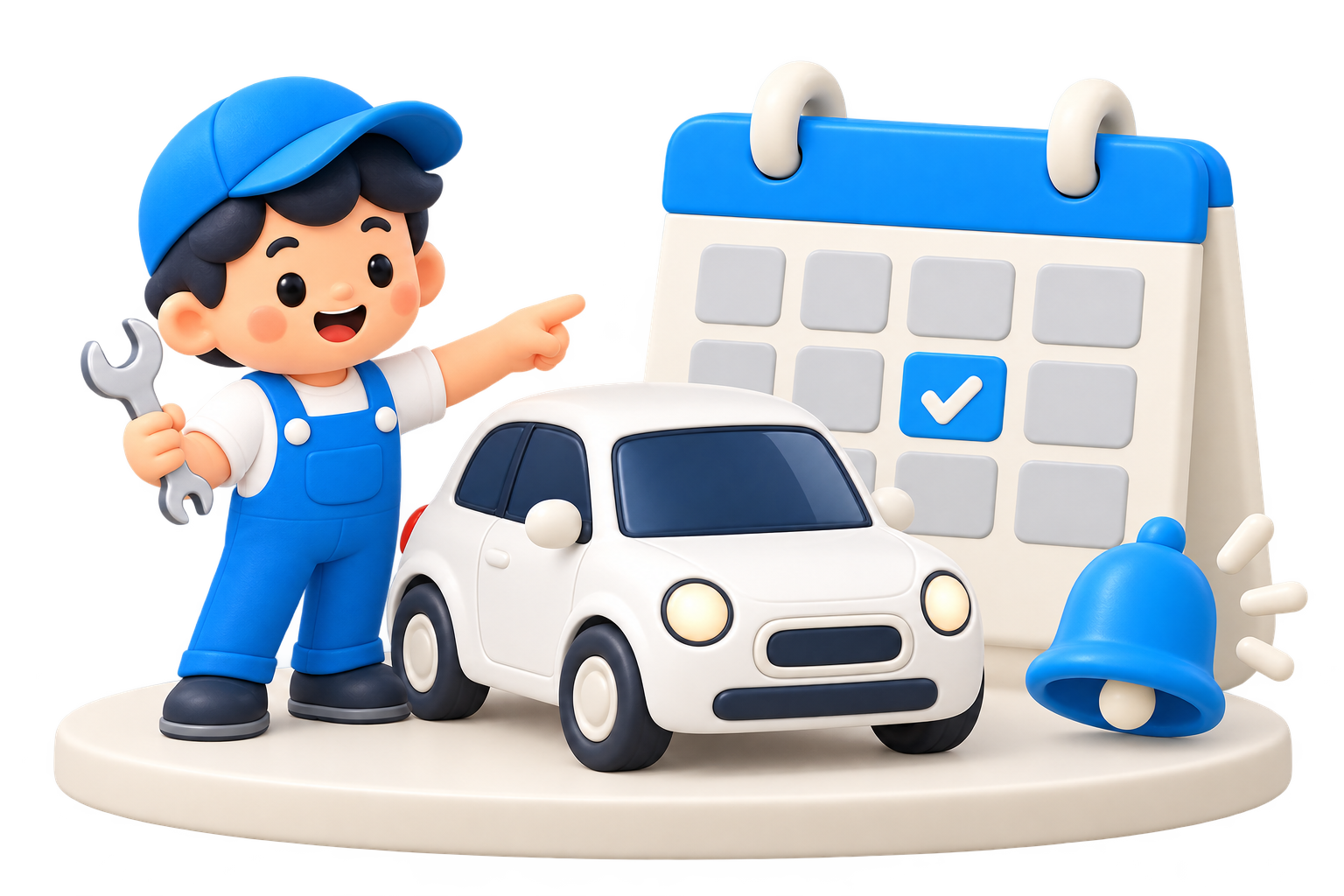 Voiture 3D de style dessin animé et mécanicien CarFix à côté d'un calendrier d'entretien et d'une cloche de rappel