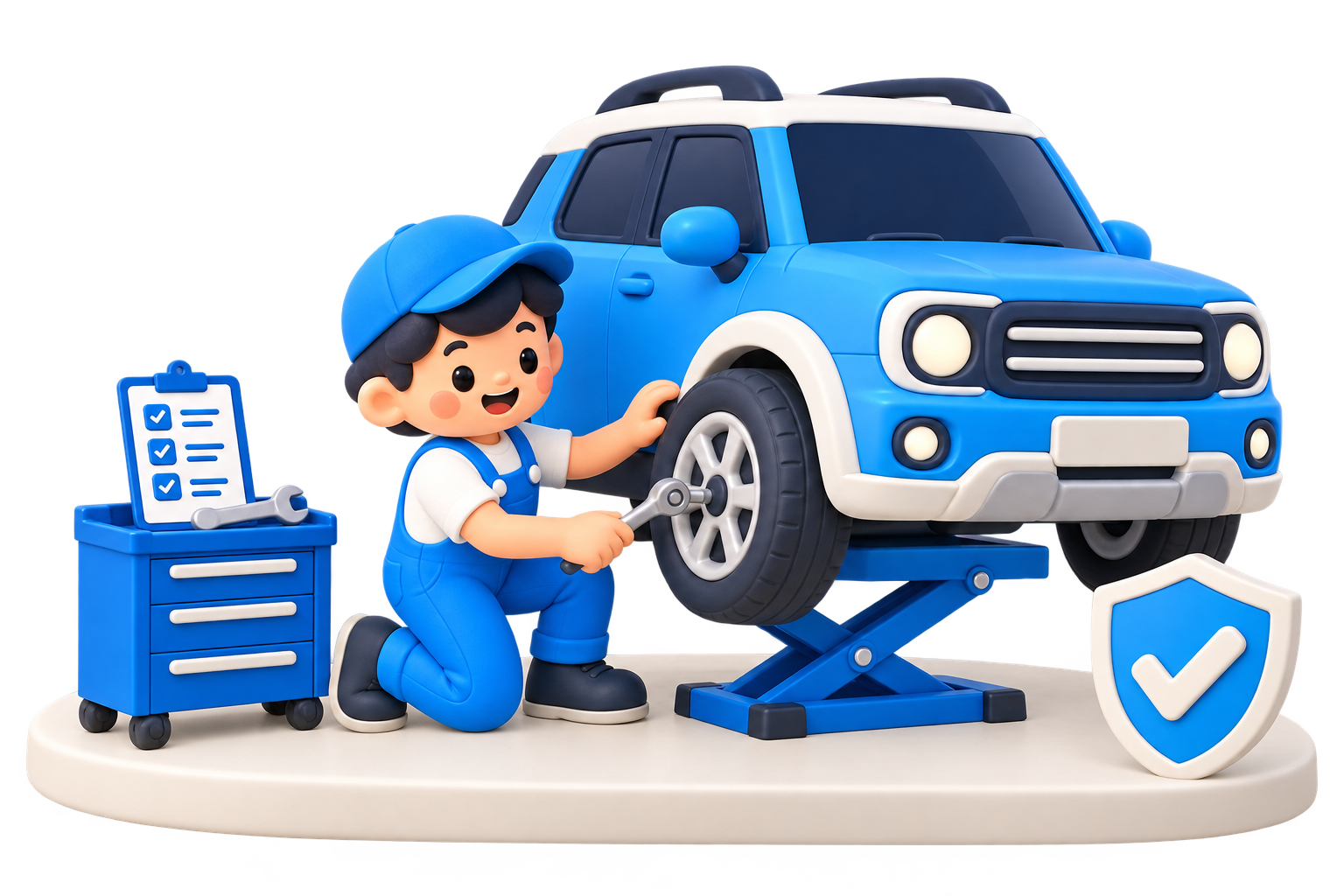 Cartoon 3D mechanic inspecting a blue SUV on a service platform, with a repair checklist and safety shield