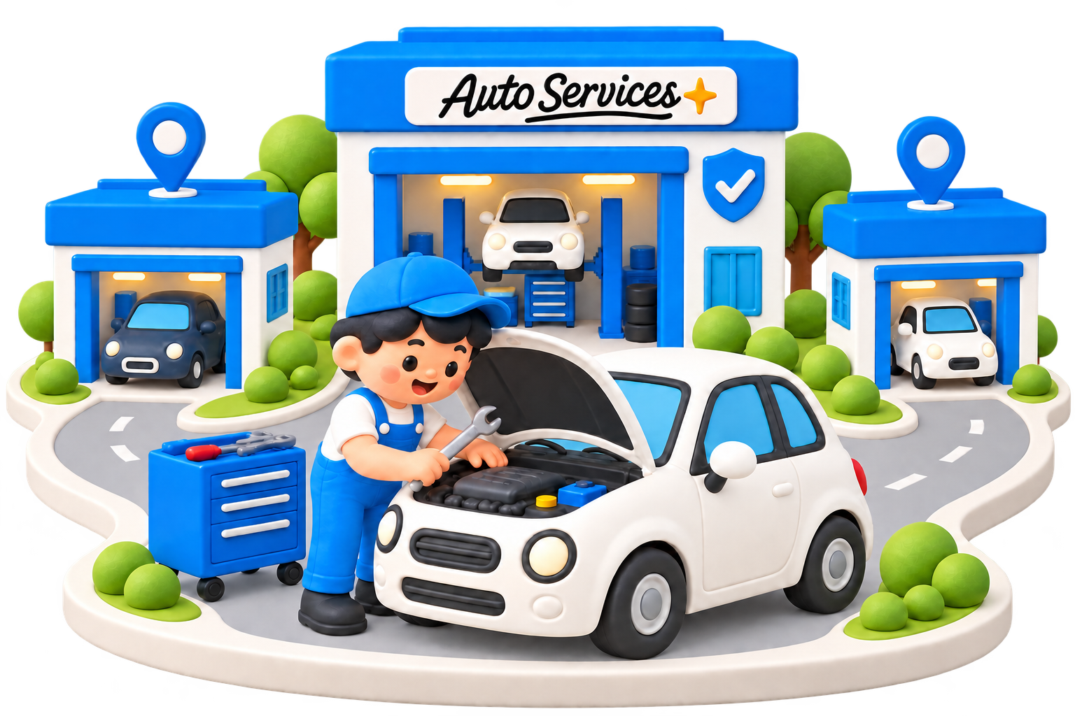 3D neighborhood scene with a mechanic working on a car, nearby repair shops, and a verification badge